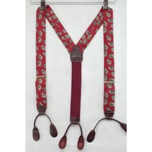 Vintage USA made Silk Suspenders Red Blue Medallions Leather Gold Tone